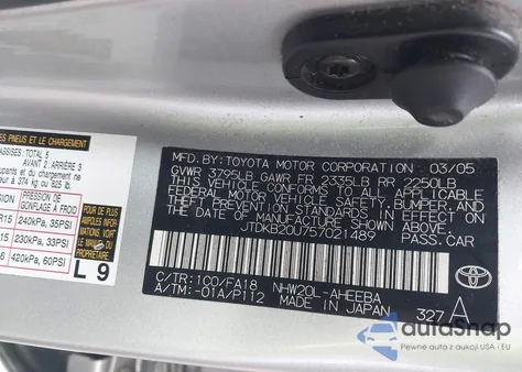 2005 Toyota Prius z USA, uszkodzony, nr VIN JTDKB20U757021489